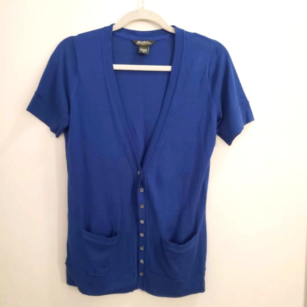 Eddie Bauer Cardigan Womens Small Petite Blue Lightweight Short Sleeves